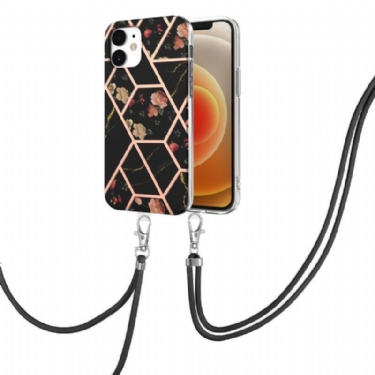 Cover iPhone 12 Mini Hemming Med Snor Marmor Og Blomster