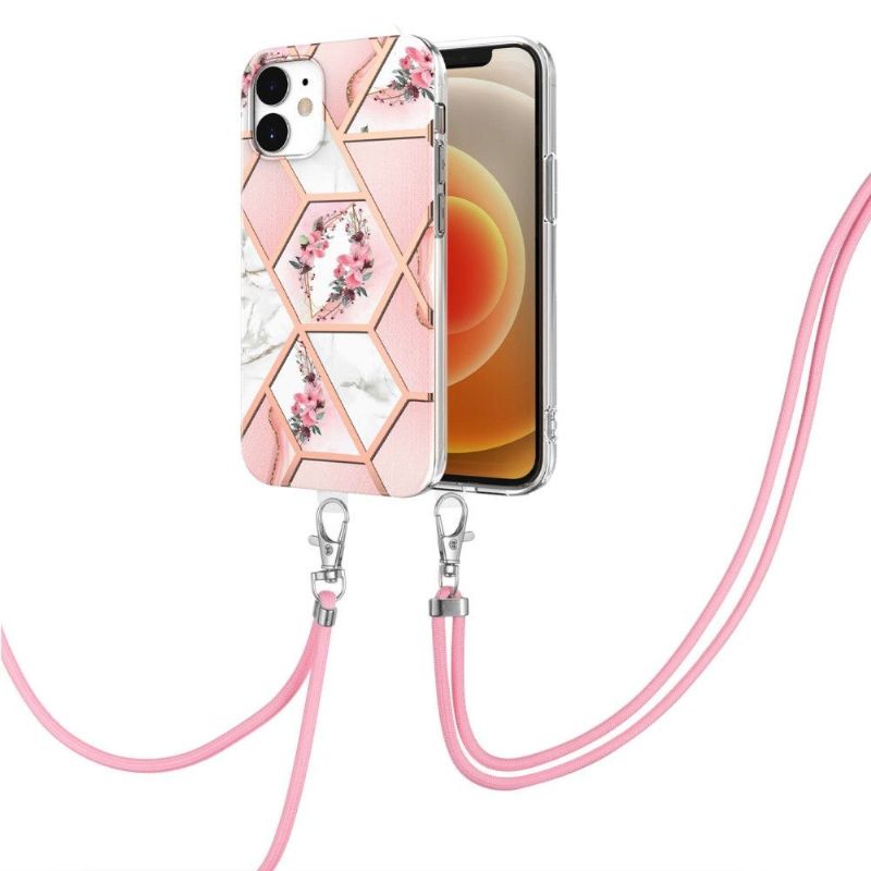 Mobilcover iPhone 12 Mini Med Snor Marmor Og Blomsterkrone