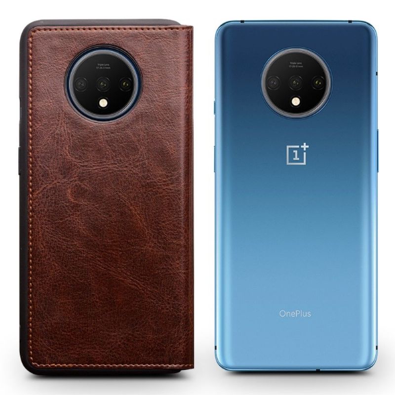 Flip Cover OnePlus 7T Hemming Ægte Læder I Premium Kvalitet - Brun