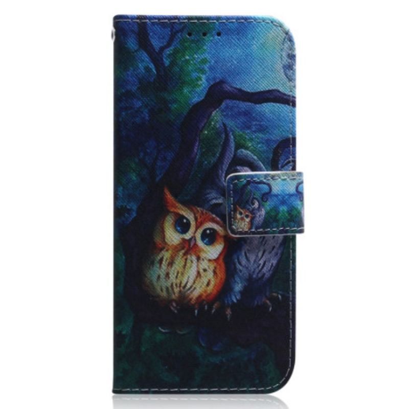 Læder Cover Xiaomi 13 Med Snor Strappy Owls Maleri