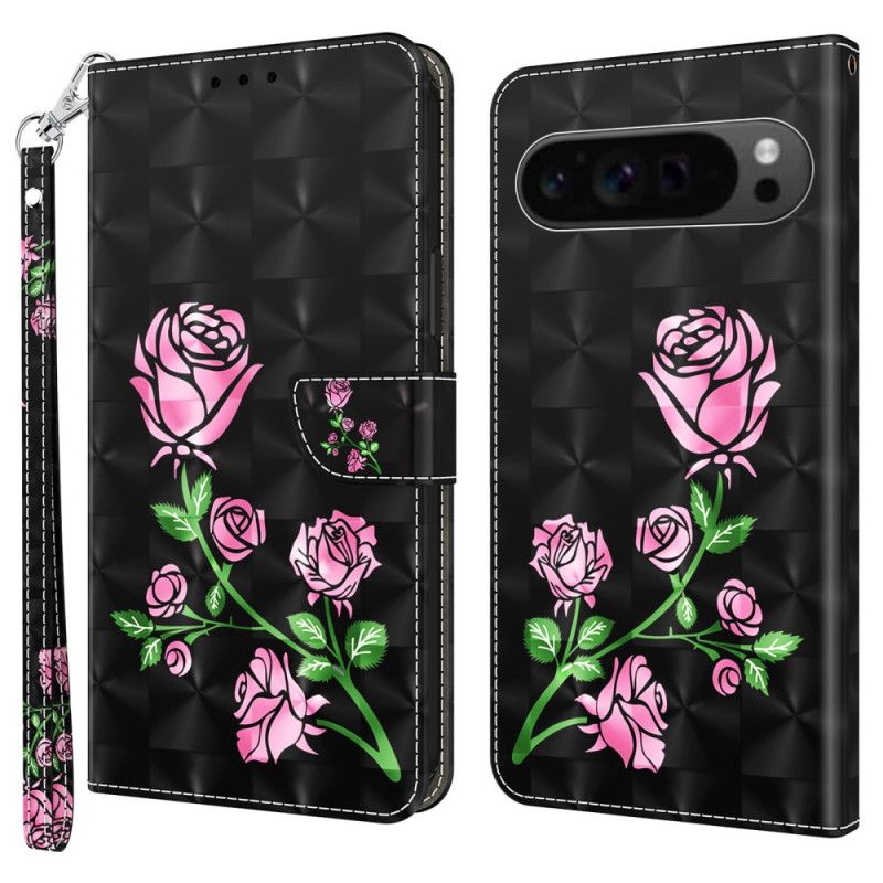 Læder Cover Google Pixel 9 Pro Xl Lyserøde Blomster Med Rem