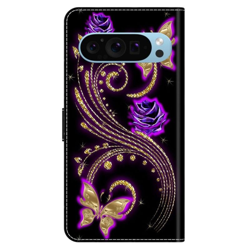 Læder Cover Google Pixel 9 Pro Xl Telefon Etui Violette Blomster Og Sommerfugle