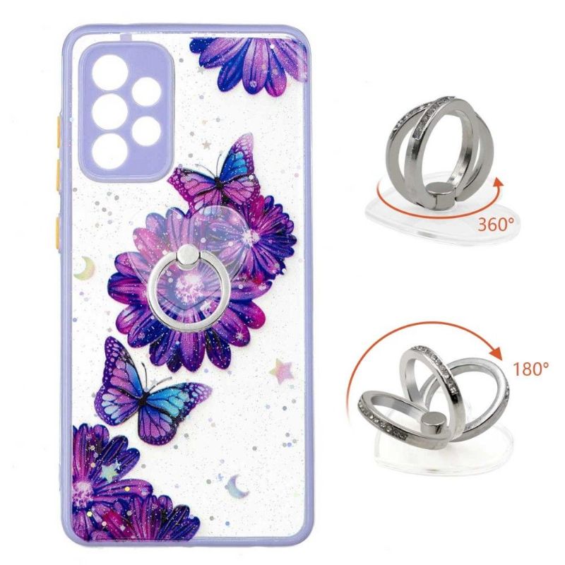 Cover Samsung Galaxy A72 4G / A72 5G Lilla Blomster Og Sommerfugle Med Ring