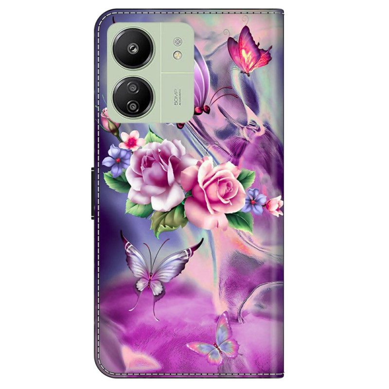 Flip Cover Til Poco C65 Sommerfugle Og Violette Blomster