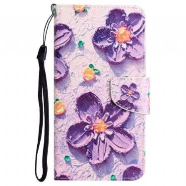 Læder Cover Poco C65 Telefon Etui Lilla Blomster Med Rem