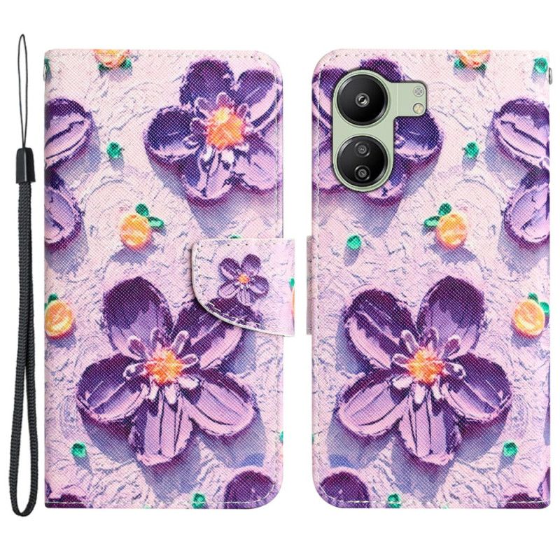 Læder Cover Poco C65 Telefon Etui Lilla Blomster Med Rem