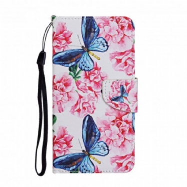 Læder Cover Samsung Galaxy A52 4G / A52 5G / A52s 5G Butterflies Floral Lanyard