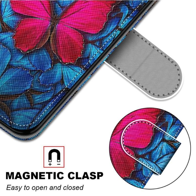 Flip Cover Samsung Galaxy M52 5G Hemming Blå Og Pink Sommerfugle