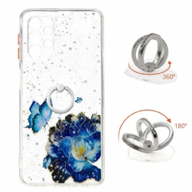 Cover Samsung Galaxy A32 5G Blå Blomster Og Sommerfugle Med Ring