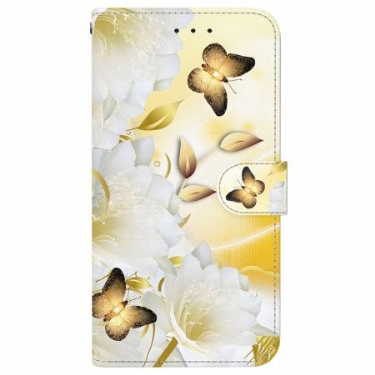 Læder Cover iPhone 16 Pro Max Telefon Etui Gyldne Sommerfugle Og Blomster Med Rem