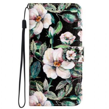 Læder Cover iPhone 16 Pro Max Telefon Etui Hvide Magnolia Med Rem