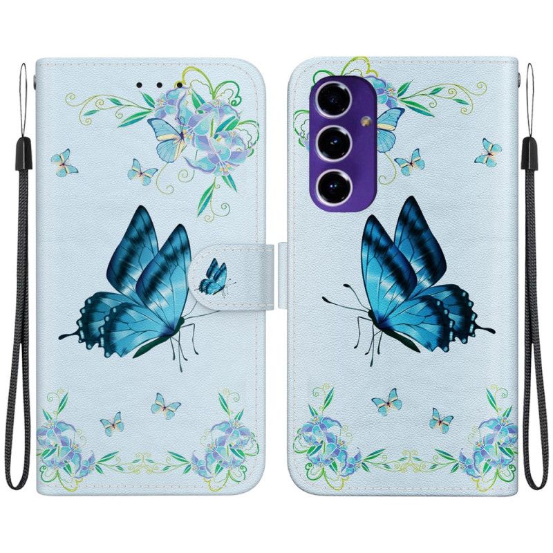 Læder Cover Samsung Galaxy A16 5g Telefon Etui Blå Sommerfugl Og Blomster