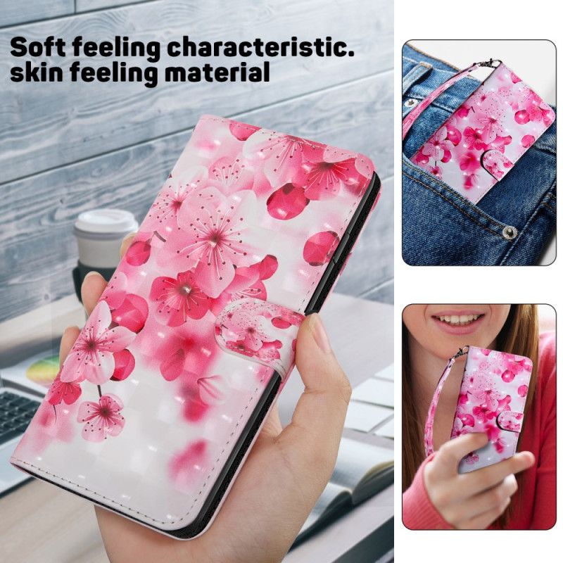 Læder Cover Samsung Galaxy A16 5g Telefon Etui Rødt Blomstermønster Med Rem