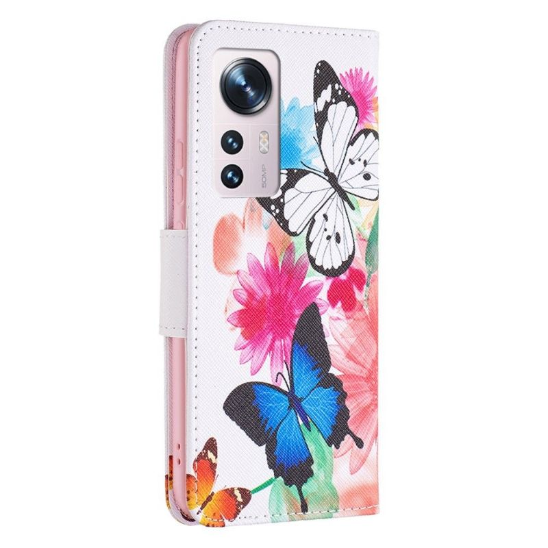 Flip Cover Xiaomi 12 Hemming Sommerfugle Og Farverige Blomster