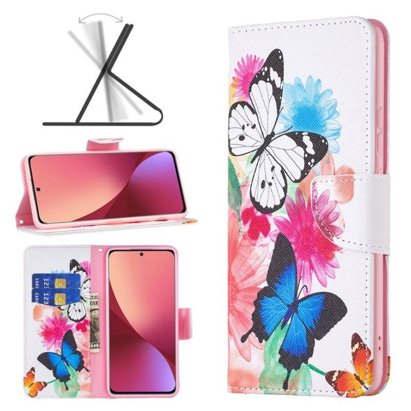 Flip Cover Xiaomi 12 Hemming Sommerfugle Og Farverige Blomster