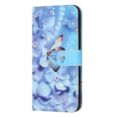 Flip Cover Samsung Galaxy S24 Fe Blå Blomster Og Sommerfugle Med Rem