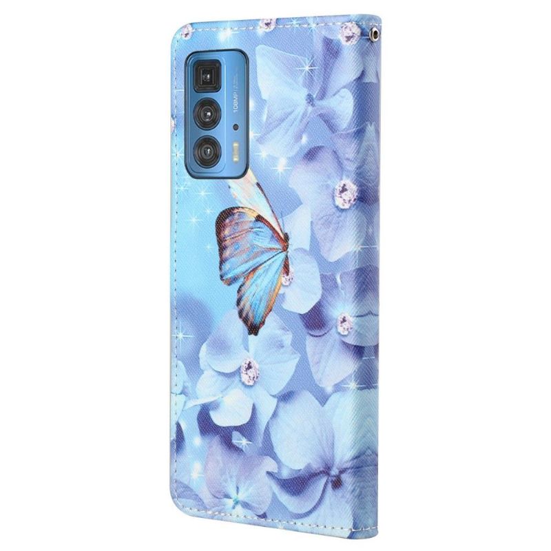 Læder Cover Motorola Edge 20 Pro Original Sommerfugl Og Blå Blomster