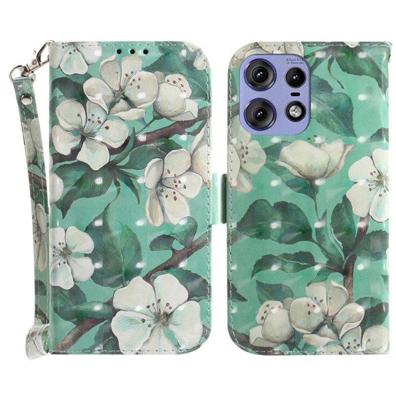 Flip Cover Motorola Edge 50 Pro Hvide Blomster Med Rem