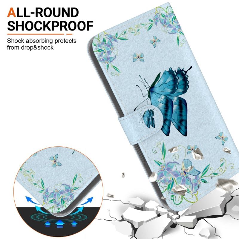 Flip Cover Til Motorola Edge 50 Pro Blå Sommerfugl Og Blomster Med Rem