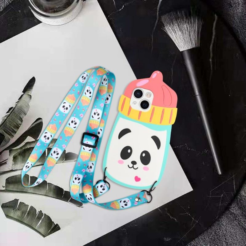 Cover iPhone 13 Mini 3d Panda Sutteflaske Med Rem