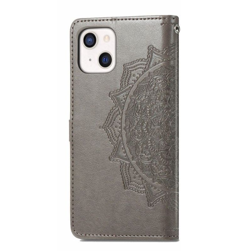 Flip Cover iPhone 13 Mini Hemming Præget Imiteret Læder Mandala