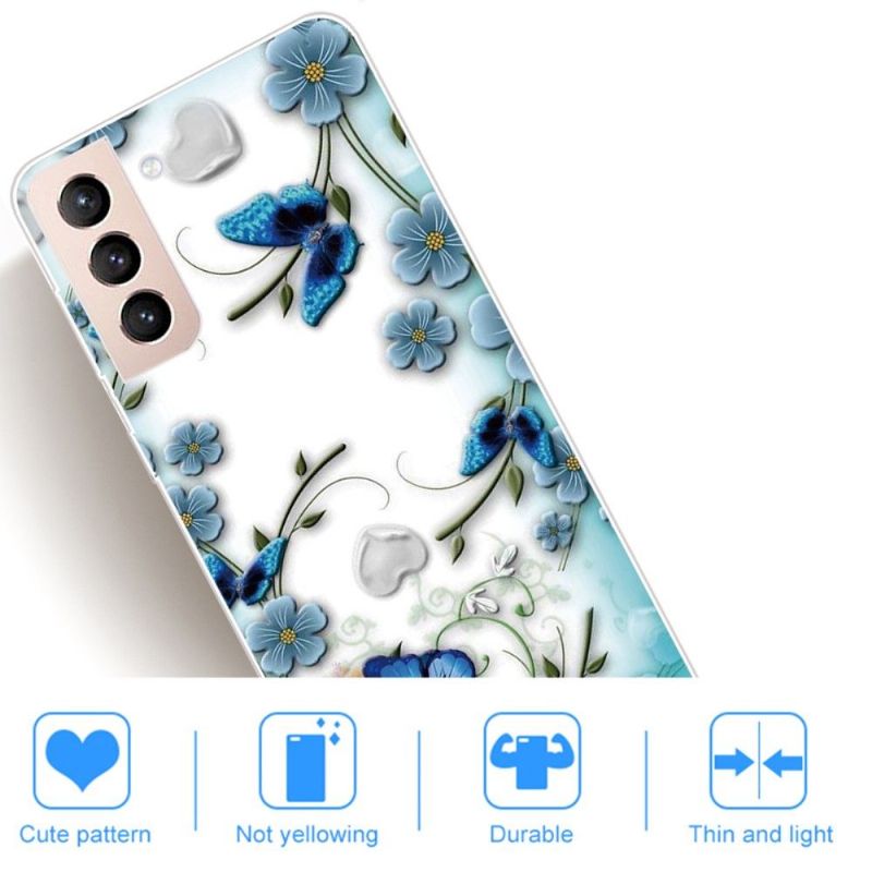 Cover Samsung Galaxy S22 5G Blå Sommerfugle Og Blomster