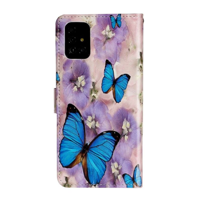 Læder Cover Samsung Galaxy A71 Blå Sommerfugle Og Blomster