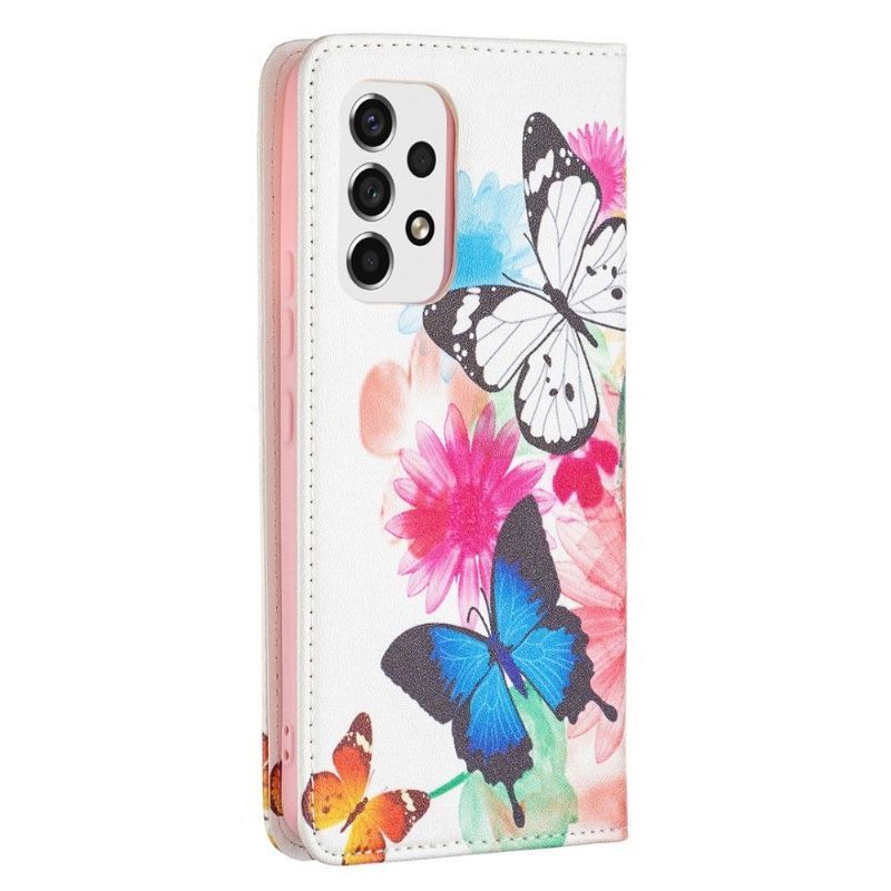 Flip Cover Samsung Galaxy A53 5G Sommerfugle Og Farverige Blomster