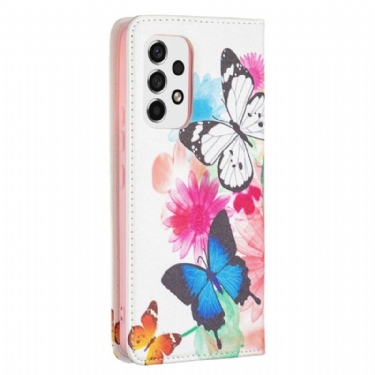 Flip Cover Samsung Galaxy A53 5G Sommerfugle Og Farverige Blomster