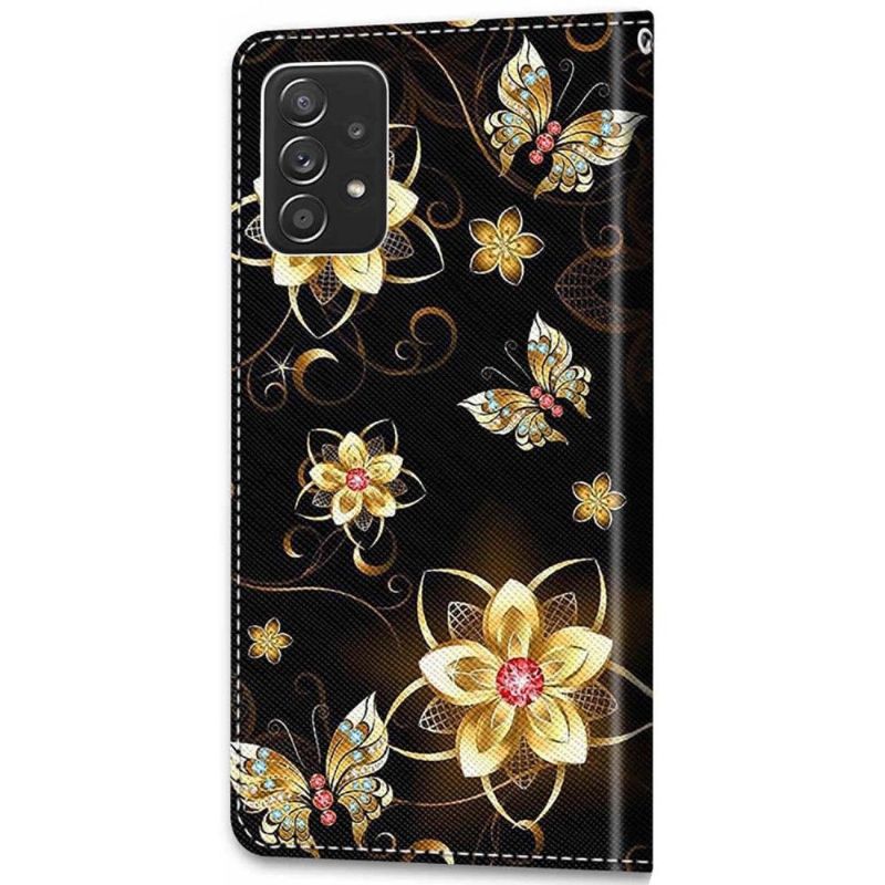 Flip Cover Samsung Galaxy A53 5G Sommerfugle Og Gyldne Blomster