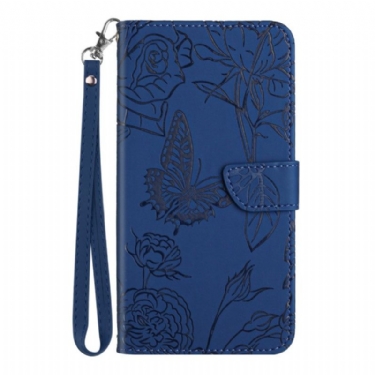 Læder Cover Xiaomi 14t Pro Telefon Etui Sommerfugle Og Blomster Mønster Med Rem