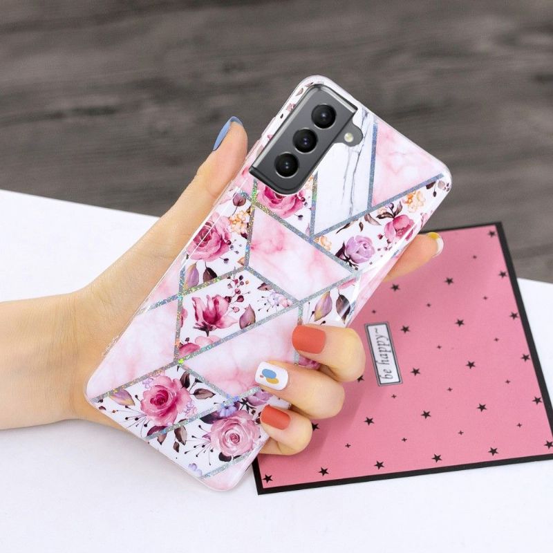 Cover Samsung Galaxy S21 FE Hemming Silikone Marmor Og Blomster