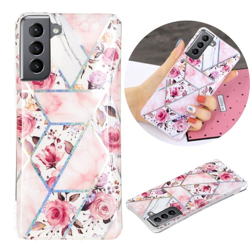 Cover Samsung Galaxy S21 FE Hemming Silikone Marmor Og Blomster