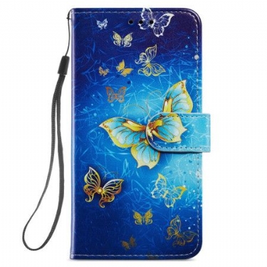 Flip Cover Til Samsung Galaxy S24 5g Smukke Gyldne Sommerfugle Med Rem