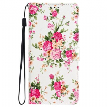 Læder Cover Samsung Galaxy S24 5g Telefon Etui Røde Blomster Med Rem