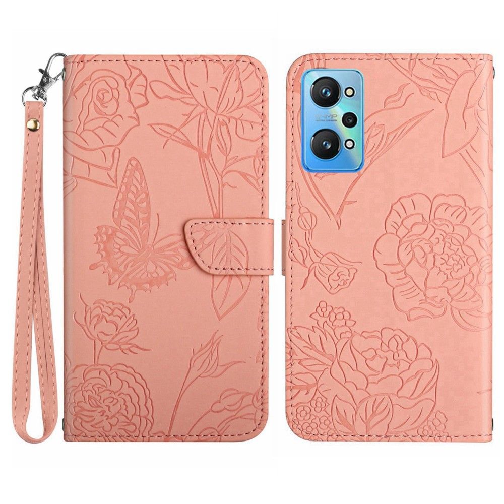 Flip Cover Realme GT Neo 3T / Neo 2 Hemming Med Snor Illustration Af Sommerfugl Og Blomster