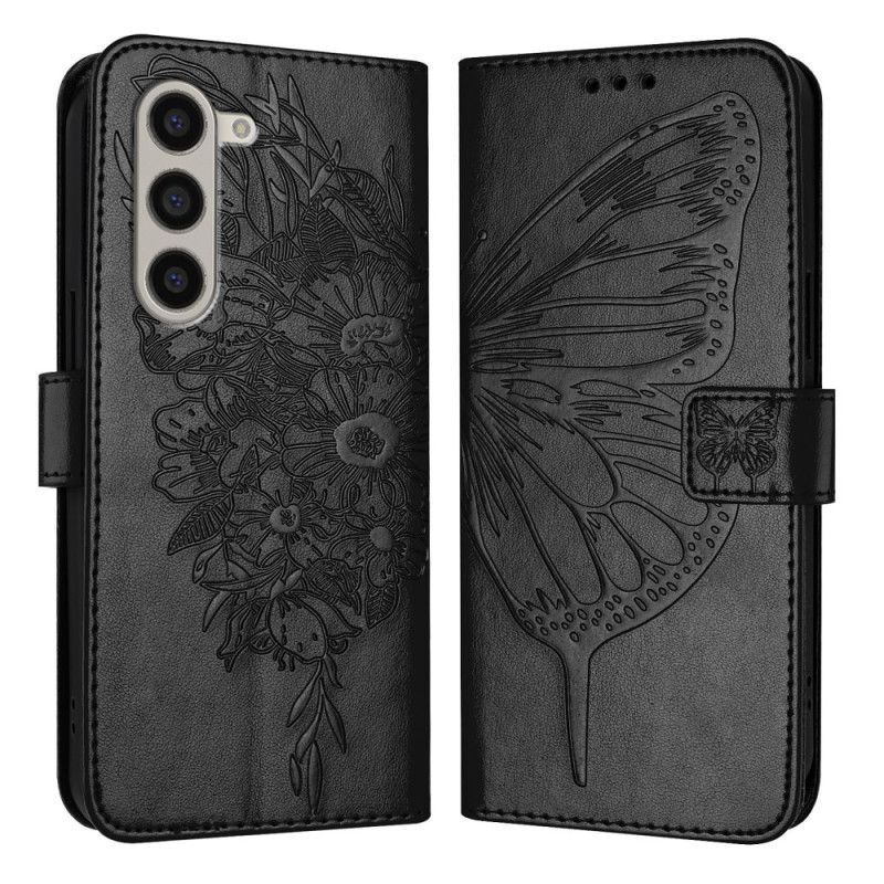 Læder Cover Samsung Galaxy Z Fold 6 Telefon Etui Blomstersommerfugl Med Rem