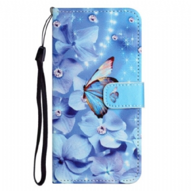 Flip Cover Samsung Galaxy S23 5G Med Snor Strappy Diamond Sommerfugle