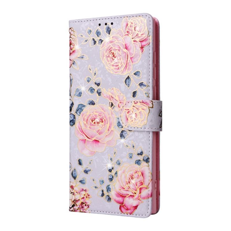 Flip Cover Samsung Galaxy S23 Ultra 5G Rfid-blomster Med Snor