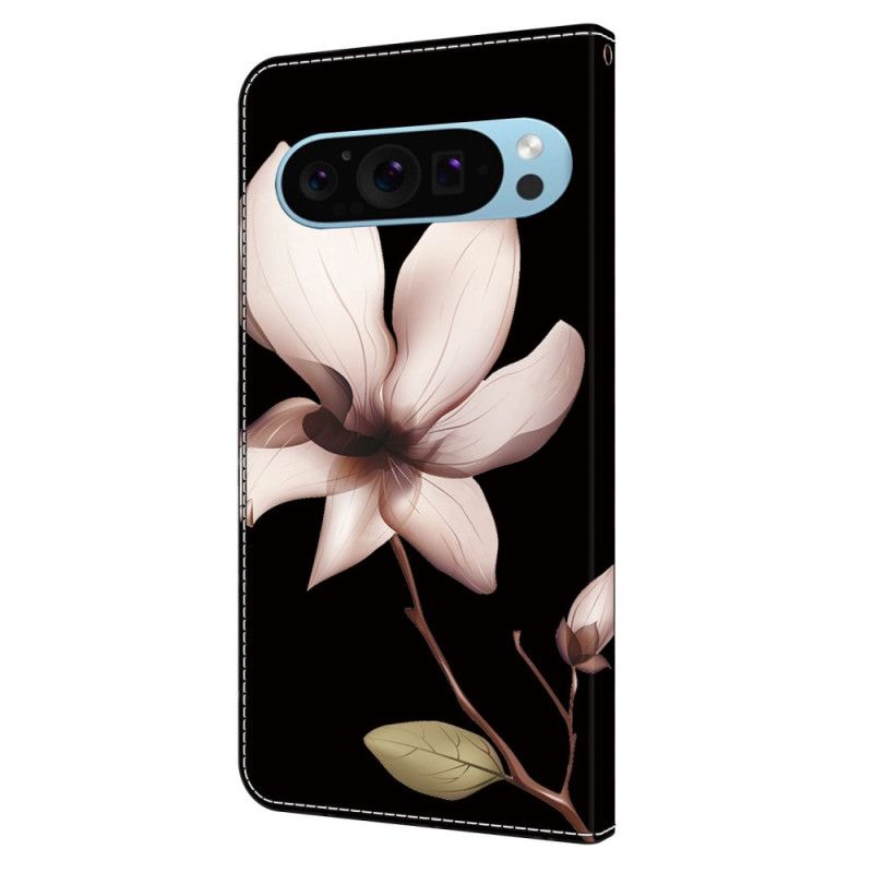 Flip Cover Til Google Pixel 9 Pro Lyserød Blomst På Sort Baggrund