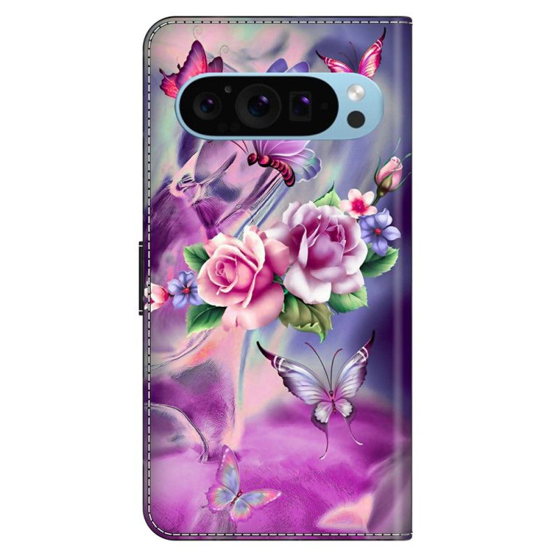 Flip Cover Til Google Pixel 9 Pro Sommerfugle Og Blomster Lilla