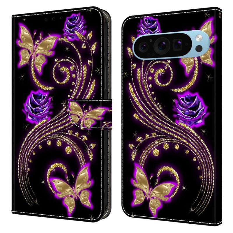 Læder Cover Google Pixel 9 Pro Violette Blomster Og Sommerfugle