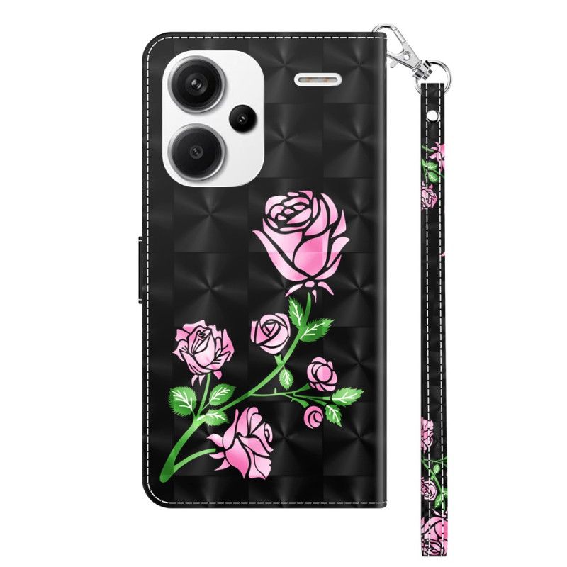 Læder Cover Xiaomi Redmi Note 13 Pro Plus 5g Telefon Etui Lyserøde Blomster Med Rem