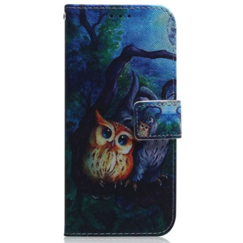 Læder Cover Oppo Reno 8 Pro Med Snor Strappy Owls Maleri