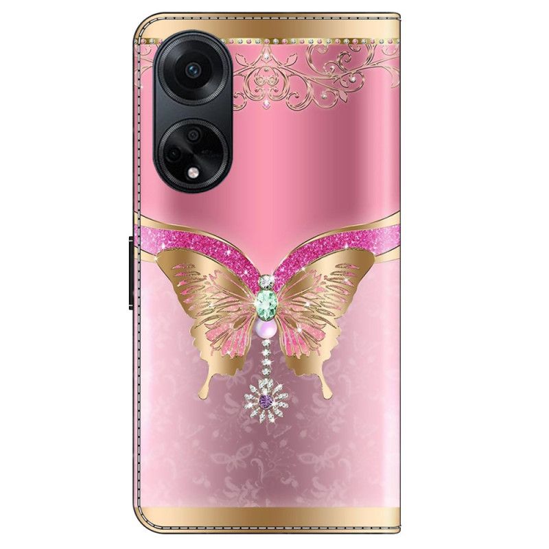 Flip Cover Oppo A98 5g Pink Og Guld Sommerfugl