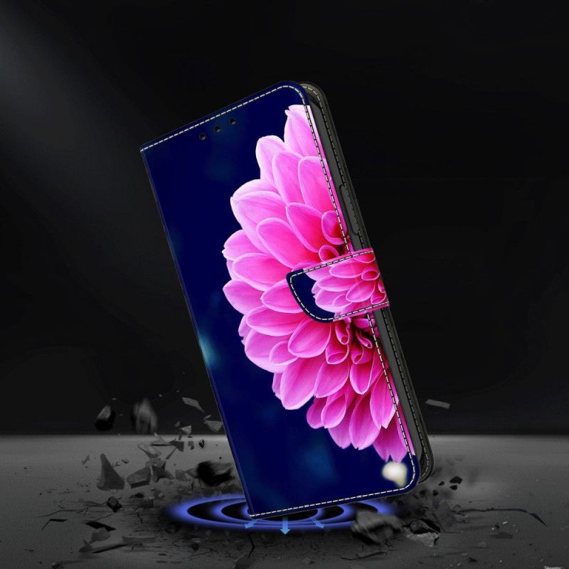 Læder Cover Oppo A98 5g Lyserøde Blomster På Blå Baggrund