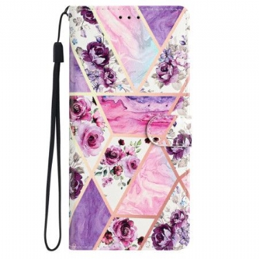 Flip Cover iPhone 16 Lilla Blomster Med Rem