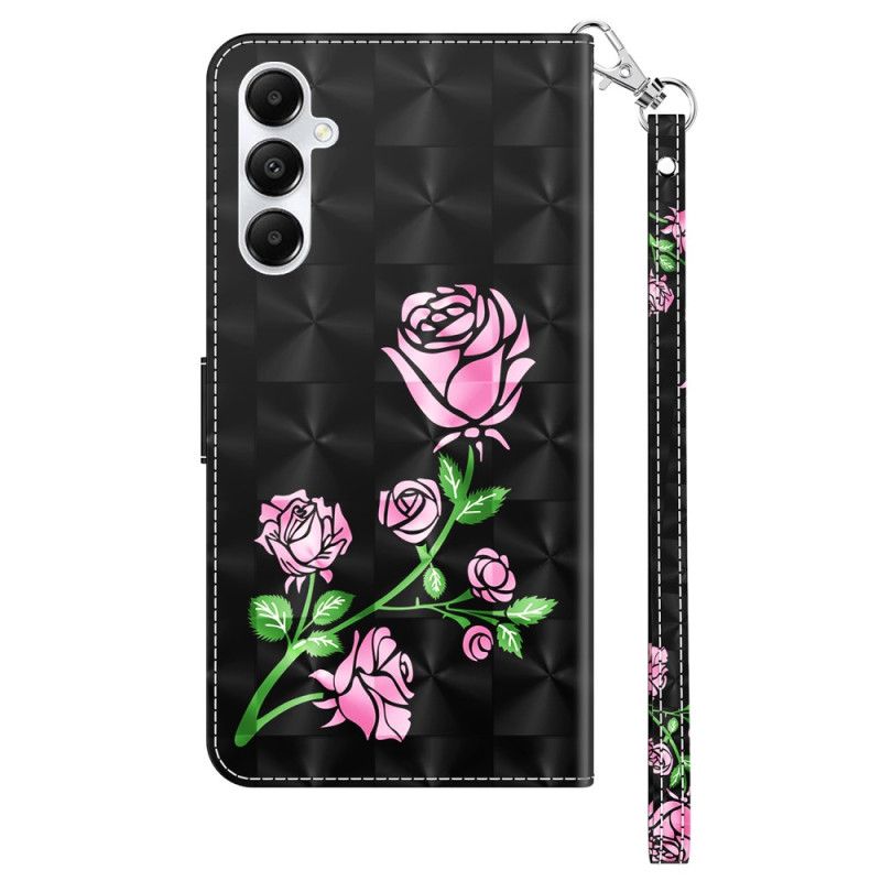 Flip Cover Samsung Galaxy A55 5g Lyserøde Blomster På Sort Baggrund Med Rem