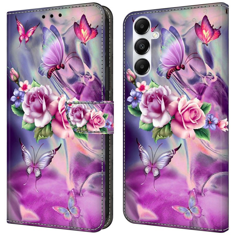 Flip Cover Til Samsung Galaxy A55 5g Lilla Sommerfugle Og Blomster