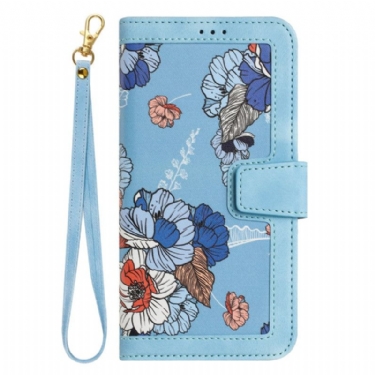 Læder Cover Samsung Galaxy A55 5g Telefon Etui Blomstermønster Med Rem